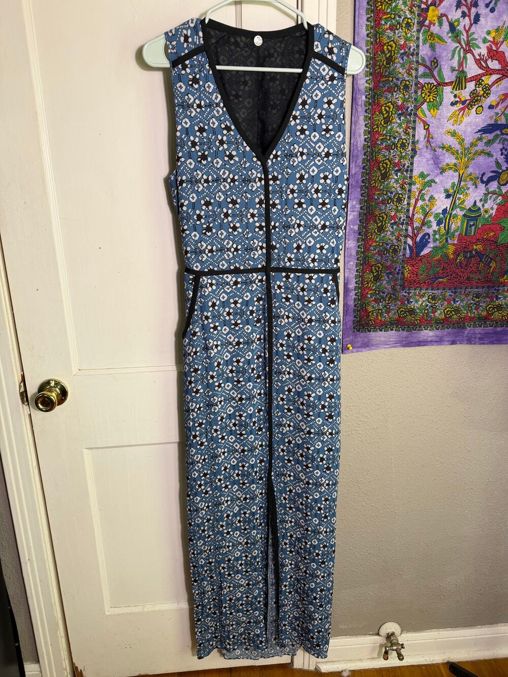 Margaret Josephs Blue Floral Maxi Dress Open Back Sleeveless Pockets Small